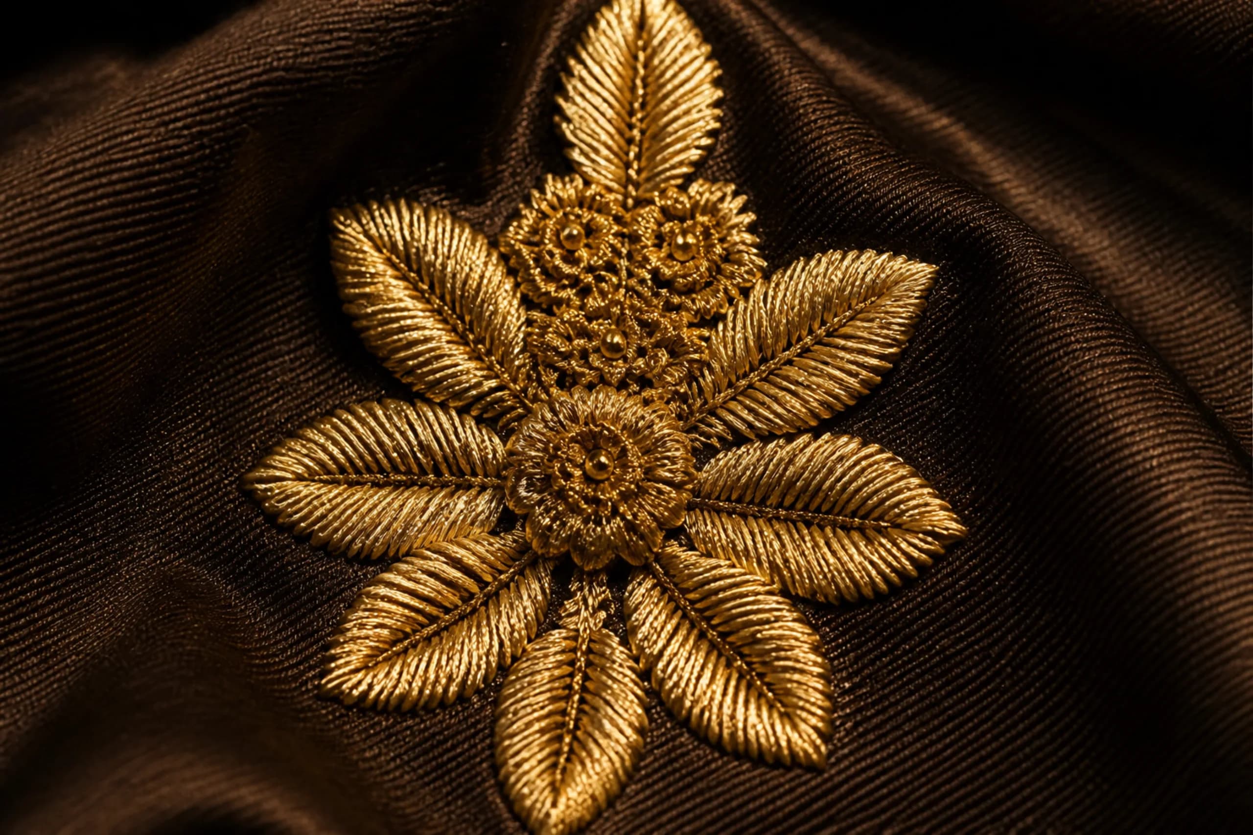 Close up of intricate golden embroidery on dark silk fabric